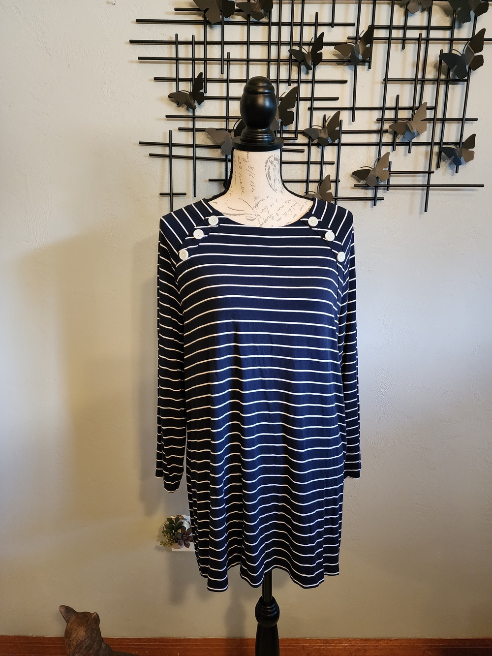 J. Jill Navy and White Striped Button-Shoulder Tunic